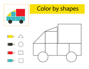 Coloring pages. Color by shapes. Illustration for children education. Cartoon truck.