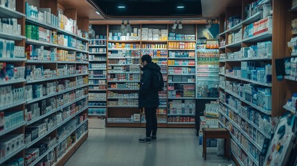 Obraz premium A Customer Browsing Shelves In A Well-Stocked Pharmacy