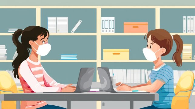 Two Schoolgirls In Medical Masks Sitting At A Desk, Social Distancing