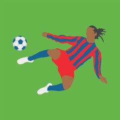 Card with football player and ball on green background.