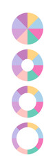 Fototapeta premium Pie diagram. Set schemes with sectors. Circle and ring section divided into eight multicolor segments. Circular structure chart template. Piechart with segments and slices. Vector illustration