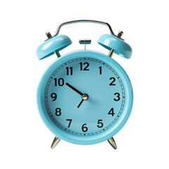 Blue retro alarm clock isolated on white or transparent background, png clipart, design element. Easy to place on any other background.