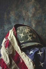 Obraz premium A vintage military helmet covered with a worn American flag featuring stars and stripes, set against a rustic, textured background.