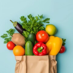 Fresh Produce in a Brown Paper Bag on a Blue Background