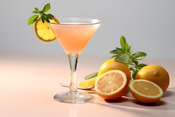Fototapeta premium Refreshing lemon cocktail with rosemary garnish served in a martini glass.