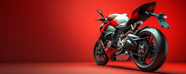 A polished sport motorcycle displayed against a bold red background, highlighting its sleek design, aerodynamic shape, and advanced engineering with a sense of power.