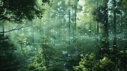 Futuristic digital map of a forest, showing wildlife movement and vegetation health