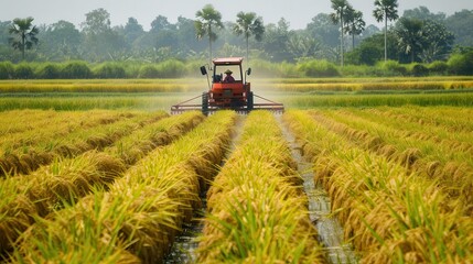 Naklejka premium A tractor is driving through a field of rice