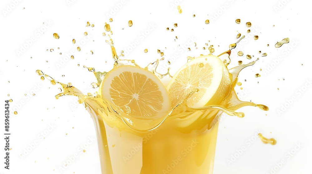 Poster half lemon falling into a crown shaped yellow juice splash isolated on white background : generative