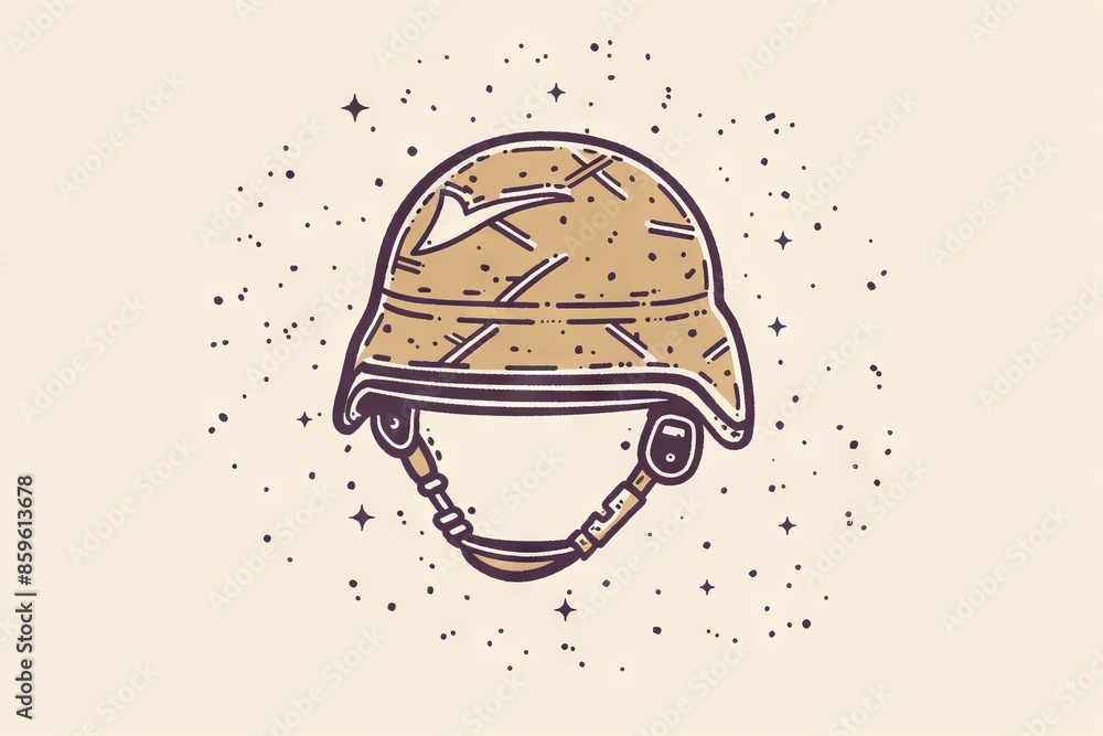Poster clean and simple illustration of a soldier's helmet in minimalistic line style.