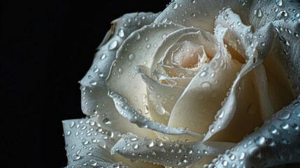 Fototapeta premium Macro photograph of aged white rose with raindrops on black background artistic close up of detailed bloom