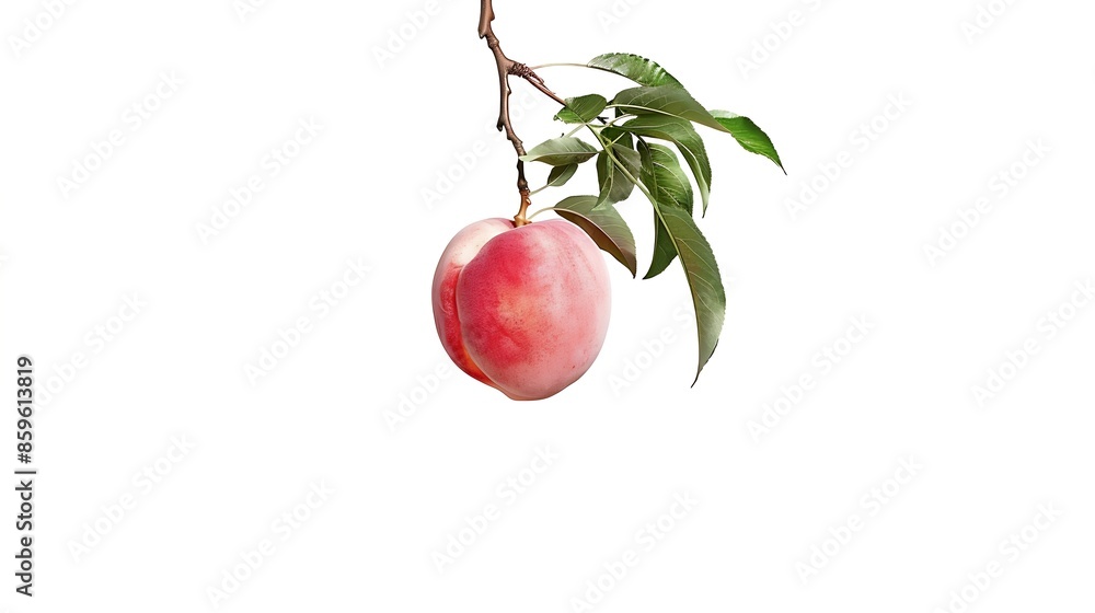 Poster isolated peach One raw pink peach hanging on a stem with leaves isolated on white background with clipping path : Generative AI