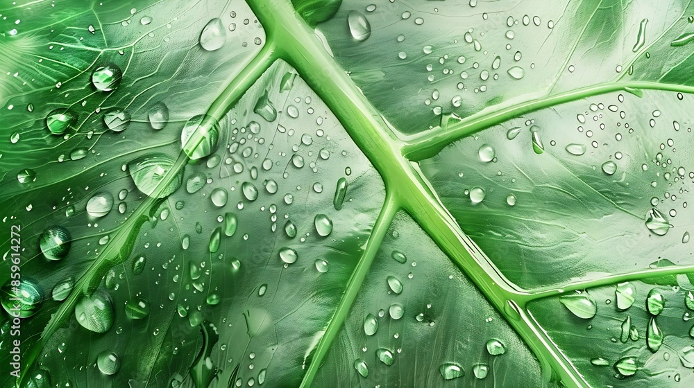 Aufkleber sparkling rain drops covering the surface of a large green leaf : generative ai