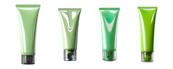 Green plastic cosmetic tube collection isolated on transparent background