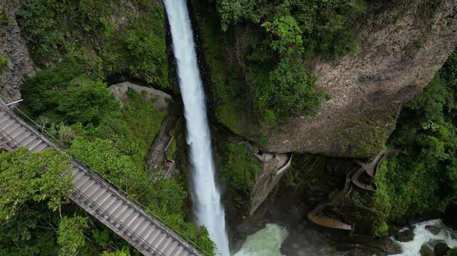 Pailon del Diablo waterfall in Ba&ntilde;os de Agua Santa, Ecuador Aerial drone view