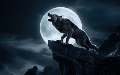 A werewolf howling at the full moon from the top of a rocky cliff,Halloween