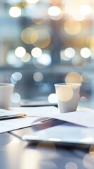 Coffee Cups and Papers on a Bokeh Lit Office Desk