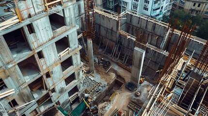 The foundation on reinforced concrete piles and the frame during the construction of a multistorey building Reinforcement of reinforced concrete columns Construction of highrise buildi : Generative AI