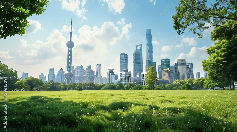 Poster cityscape and skyline of shanghai from meadow in park : generative ai
