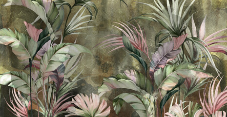 Bright tropical leaves on a textured background, pattern in green tones, photo wallpaper for the interior.