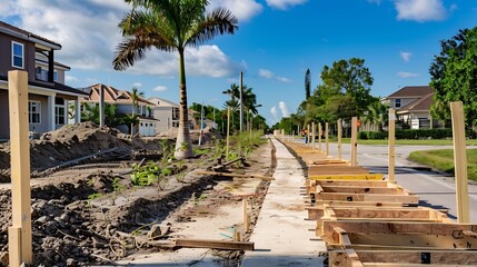 Long wooden form of stakes and boards before concrete is poured to make a sidewalk near a street with singlefamily houses under construction in a suburban residential development in so : Generative AI
