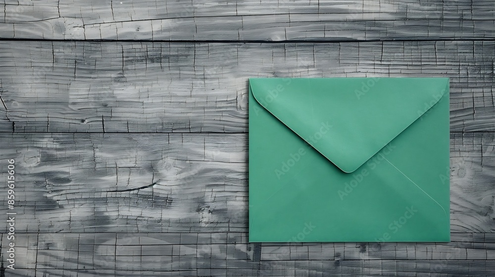 Aufkleber Flat lay of closed sealed green emerald envelope on grey wooden table Correspondence mailing post office stationary invitation document greeting card Studio top view copy space mock up : Generative AI