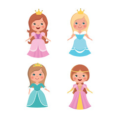 Card with cartoon little princesses and colourful dresses. 