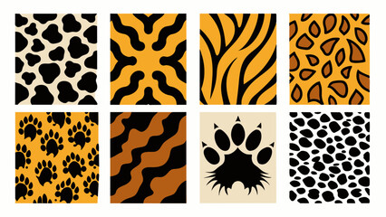 animal patterns, abstract, seamless, tiger stripes, leopard spots, paw prints, black and orange, repeating motifs, bold design, high contrast, safari theme
