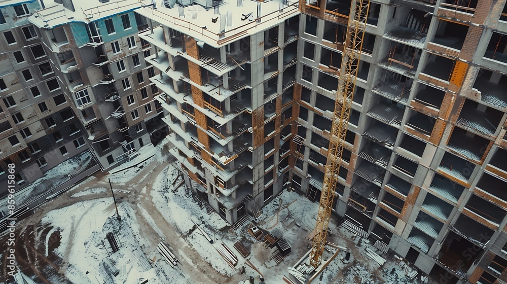 Poster the construction site of an apartment building in the winter from a height : Generative AI