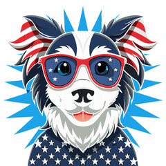 Black and White Illustration of a Smiling Dog Wearing Patriotic American Flag Sunglasses