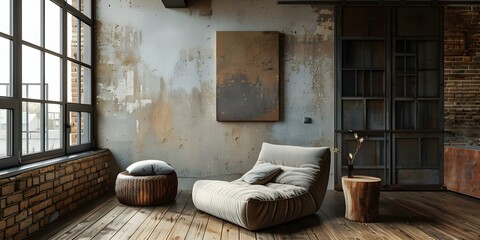 Urban apartment decor with wabi sabi influence showcasing raw finishes and rustic beauty. Concept Wabi Sabi Decor, Raw Finishes, Rustic Beauty, Urban Apartment, Interior Design