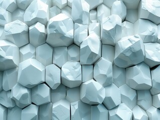 Cluster of geometric shapes in light blue with varying surface details