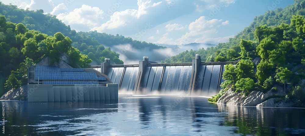 Poster a comprehensive view of a hydroelectric plant emphasizing a technologically advanced dam.