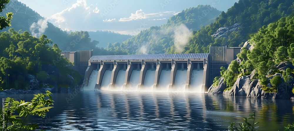 Poster a comprehensive view of a hydroelectric plant emphasizing a technologically advanced dam.