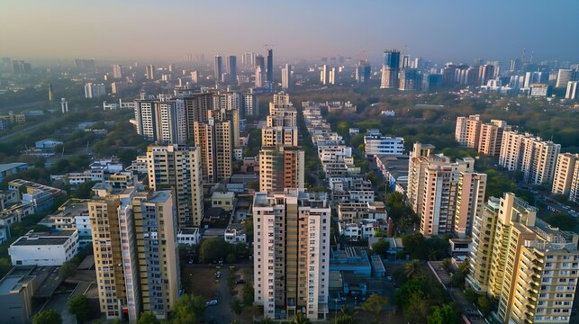 Aerial view of residential houses and highrise buildings in Virar city of Palghar District in Maharashtra Top angle Drone shot houses in a smart city living in India Beautiful Indian c : Generative AI