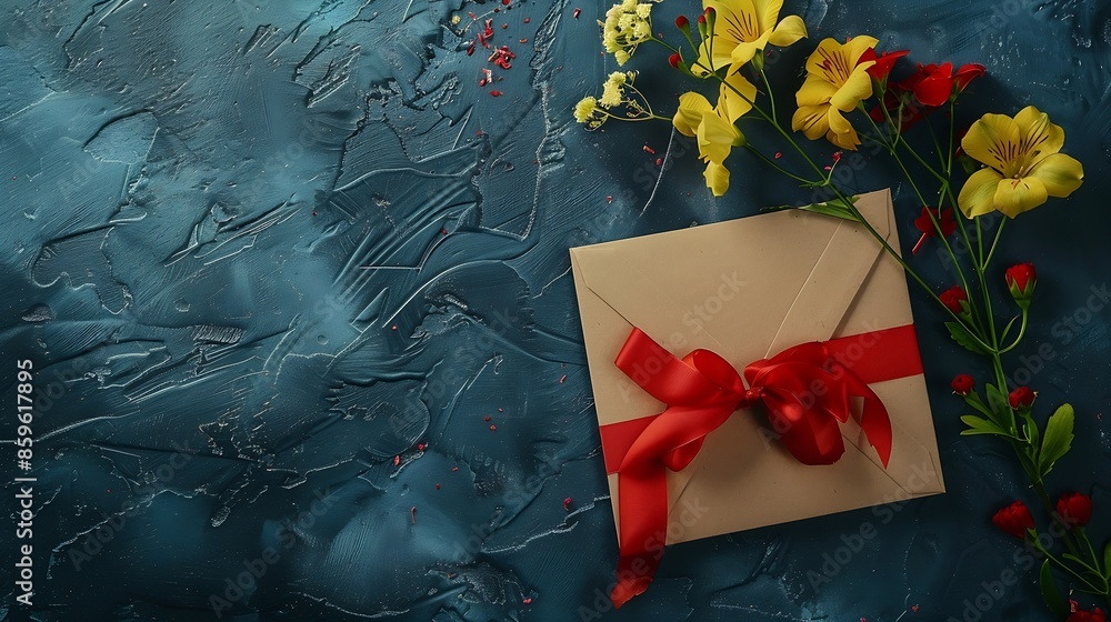Aufkleber romantic vintage background of blank card envelope yellow flowers and gift wrap with a red bow copy 