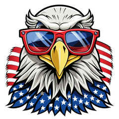 Black and White Illustration of a Smiling Eagle Wearing Patriotic American Flag Sunglasses