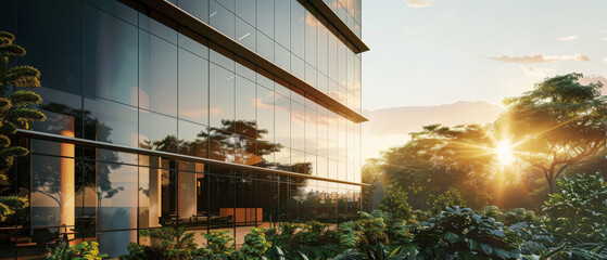 A modern, glass-walled building embraced by lush greenery and bathed in the warm light of the setting sun, blending natural and architectural beauty.