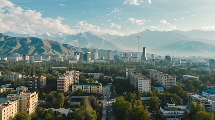 Fototapeta premium 03 August 2023 Almaty Kazakhstan The landscape of the city of Almaty from a height Aerial photography of the city Modern buildings old buildings and high mountains : Generative AI