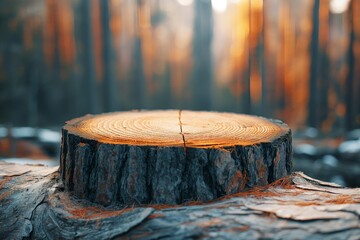 Close-up of a tree stump showing intricate growth rings and textures against a forest backdrop