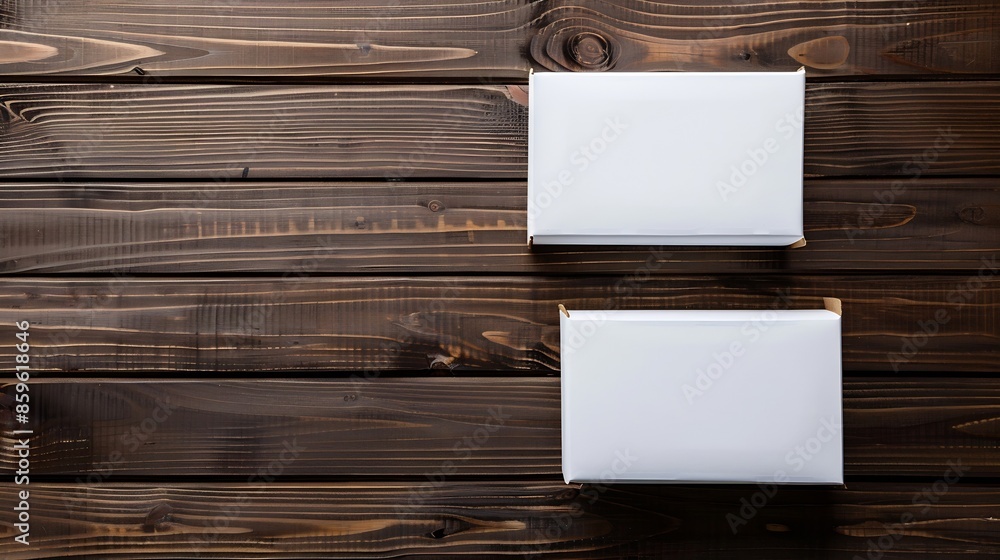 Poster two white carton boxes isolated on dark wooden background top view : generative ai