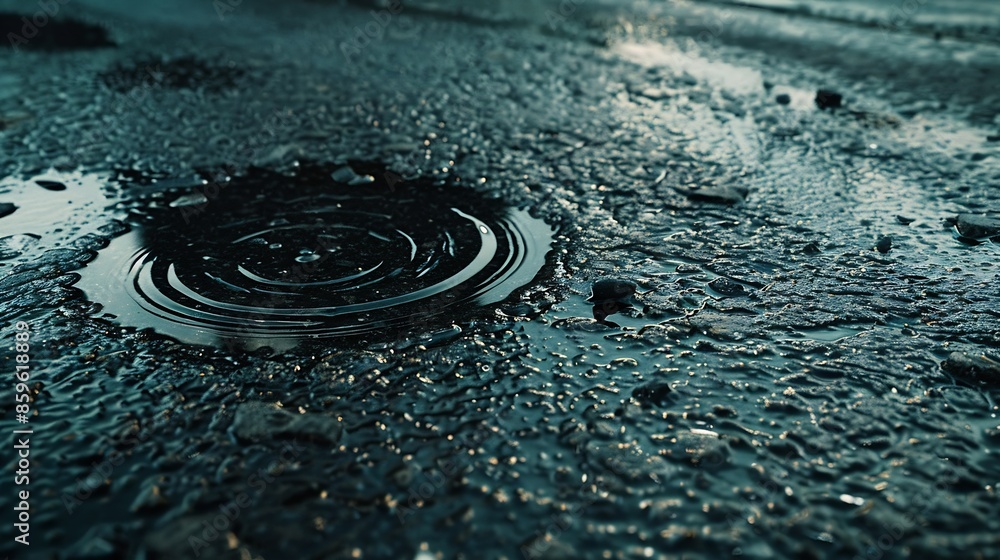 Poster there is a deep puddle on the road asphalt into which raindrops fall and create circles on the water