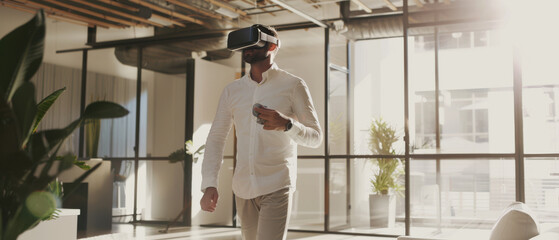 A man immersed in a VR experience, walking in a bright, modern office space, exploring virtual realities seamlessly integrated into daily life.
