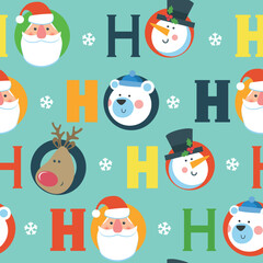 Christmas seamless pattern with Santa, snowman, polar bear, deer on blue background. 