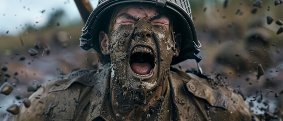Soldier covered in mud screaming in intense battlefield action, capturing raw emotion and chaos of warfare.