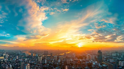 Obraz premium Sky sunset background panorama concept Skyline top view Evening sunset sky and the morning sunrise In the city Colorful with copy space Empty beautiful sky panoramic view twilight time : Generative AI