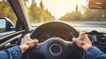 Hands gripping the steering wheel of a car