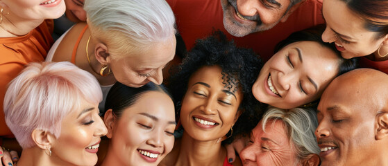 Obraz premium An inclusive group of people comes together in a top-down view, their expressions bright with joy and camaraderie.