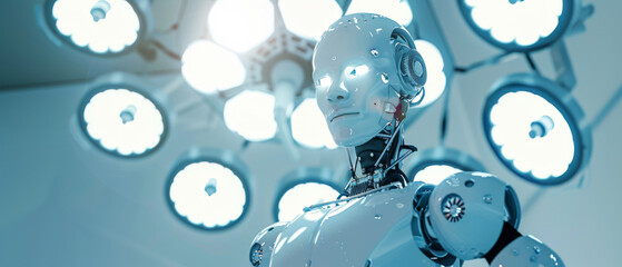 A futuristic robot standing tall in a gleaming, high-tech operating room, surrounded by surgical lights, exemplifying advanced robotics and AI in healthcare.