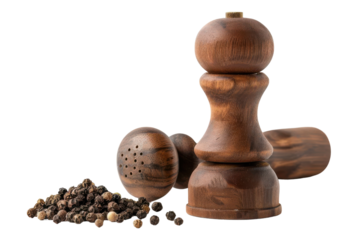 Wooden pepper mill and cap beside black peppercorns isolated on white background. Elegant kitchen tool for grinding spices.